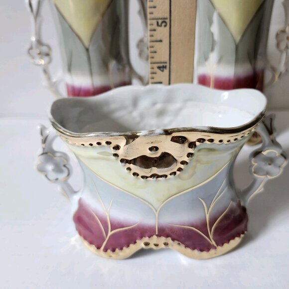 Antique German Art Nouveau Vase Set Hand Painted Floral‎ Gold Trim 1890s - 1930s - Picture 14 of 16